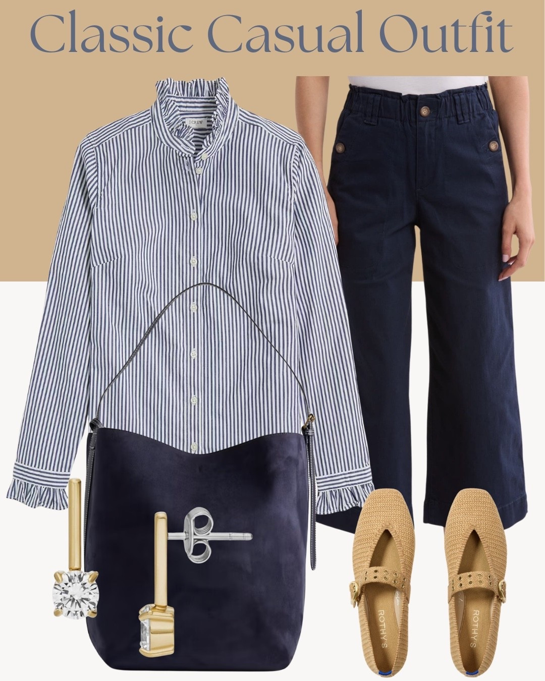 Classic casual outfit with a striped button down and navy wide leg pants for an easy polished look. The ruffle cuff detail, suede navy tote, and woven Mary Jane flats keep it classic but not boring, and the simple gold studs add just enough shine.

#classicasual #everydaystyle #widelegpants #ltkfashion #springoutfit

#LTKootd #LTKOver40