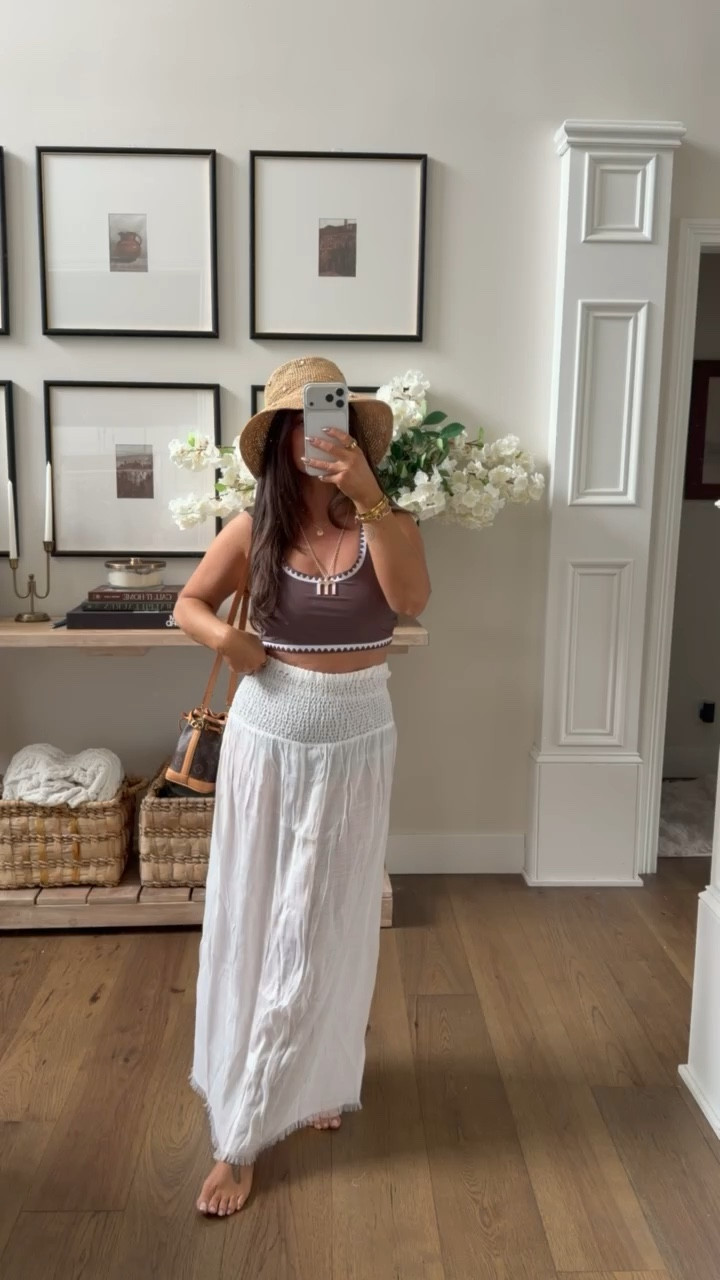 Beach outfit for spring break travels! Brown high waisted two piece with flowy white maxi skirt 🥥

#LTKgrwm #LTKSeasonal #LTKootd