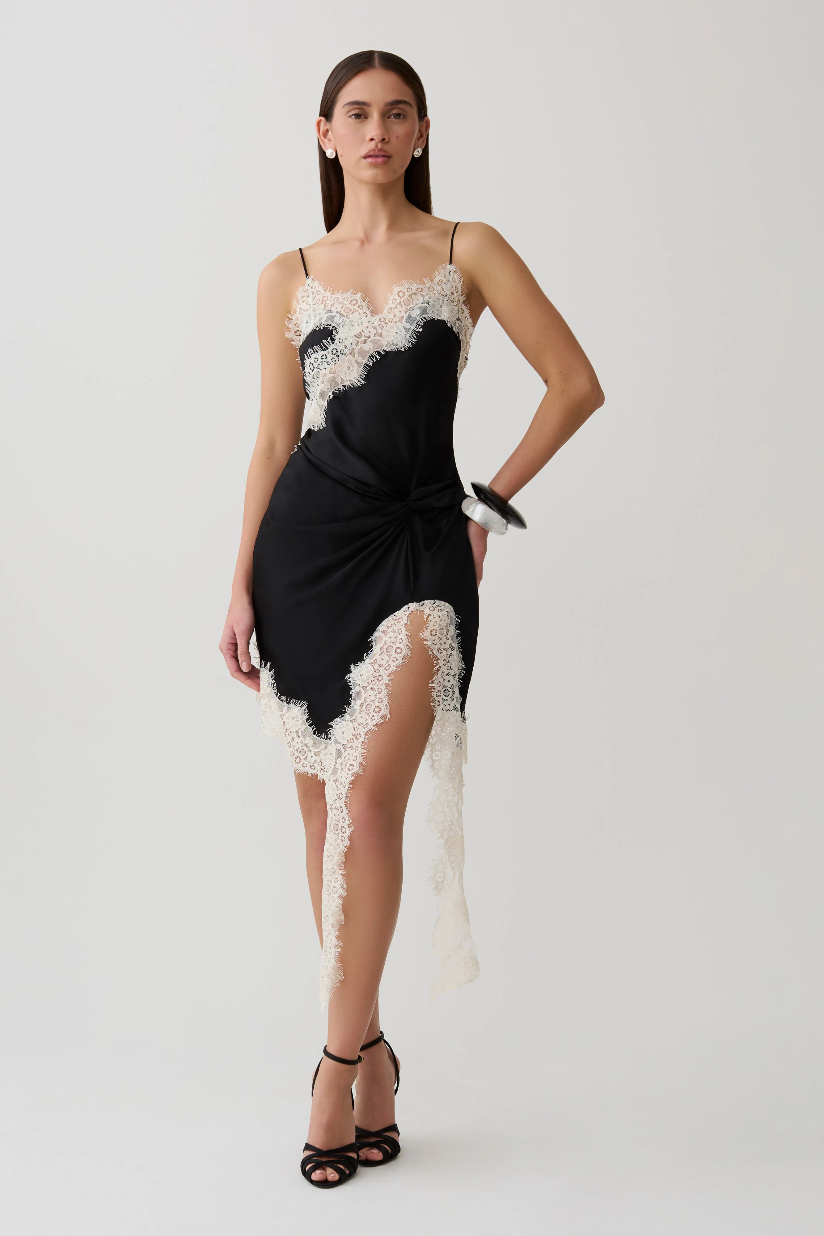 Amber Satin And Lace Mini Dress - Black/Ivory | MESHKI US