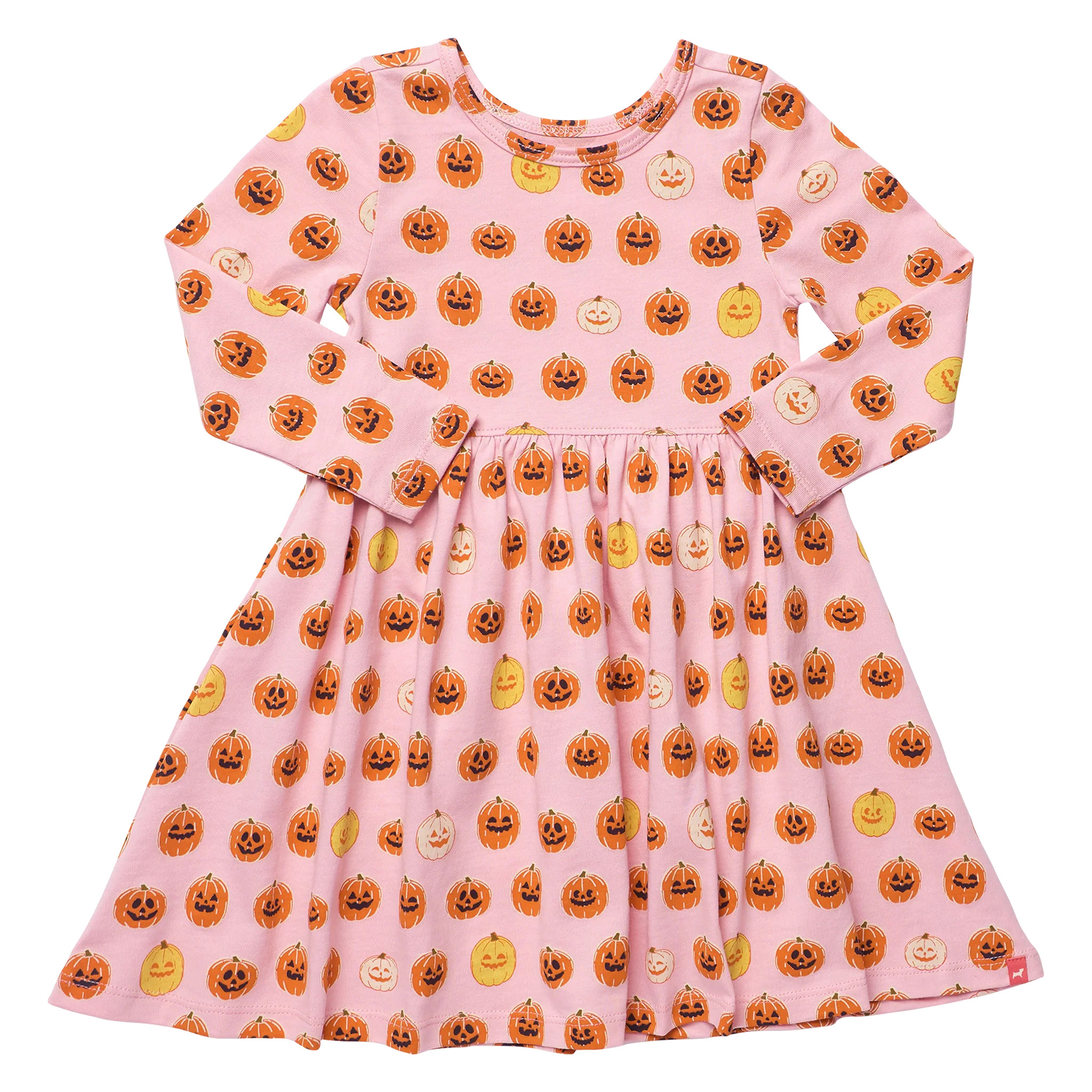 Long Sleeve Sunny Dress - Mini Mixed Jack O'Lanterns | Pink Chicken