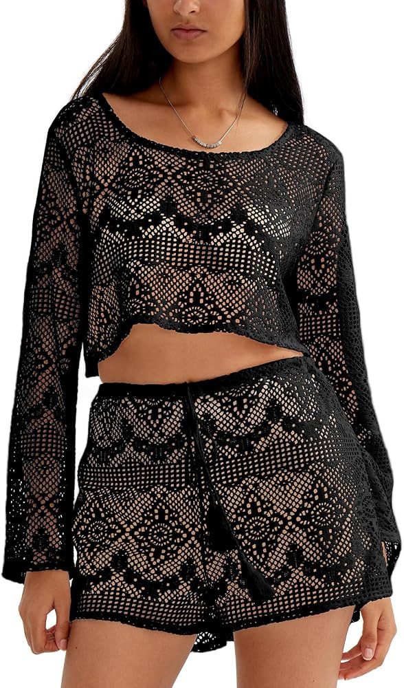 CHERFLY Womens Beach Cover Up 2 Piece Summer Crochet Bikini Hollow Out Swimwear 2025 | Amazon (US)