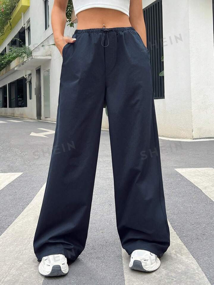 SHEIN EZwear Dark Blue Woven Low Rise Cotton Parachute Pants | SHEIN