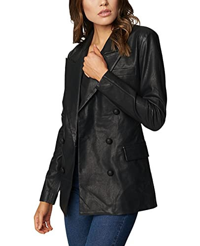 [BLANKNYC] Womens Luxury Clothing Double Breasted Vegan Leather Blazzer, Comfortable & Stylish Long Coat Blazer, Carbon, Small US | Amazon (US)