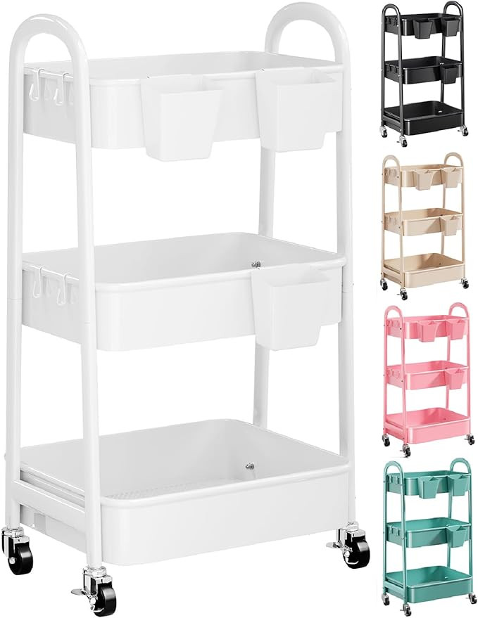 3 Tier Heavy Duty White Metal Rolling Cart with Lockable Wheels, Three Tier Roller Book Snack Car... | Amazon (US)
