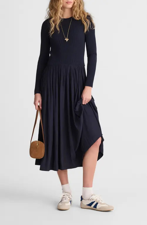 Madewell Rib Mixed Media Long Sleeve Midi Dress in Classic Navy at Nordstrom, Size Large | Nordstrom