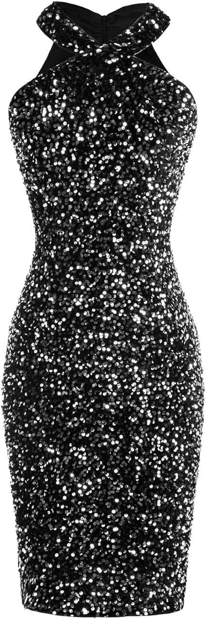 GRACE KARIN Sequin Dress for Women Sleeveless Sparkly Glitter Halter Dress Bodycon Mini Club Dres... | Amazon (US)