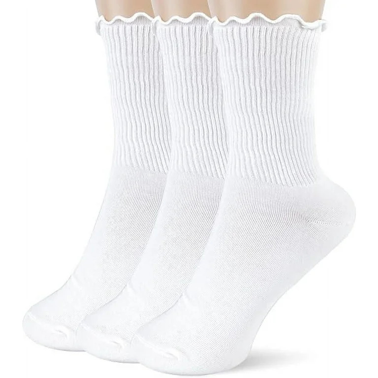 NAMZI 3pcs Womens Cotton Socks - Ruffle Turn Cuff Sock - Casual Crew Frilly Sock（White） - Wal... | Walmart (US)