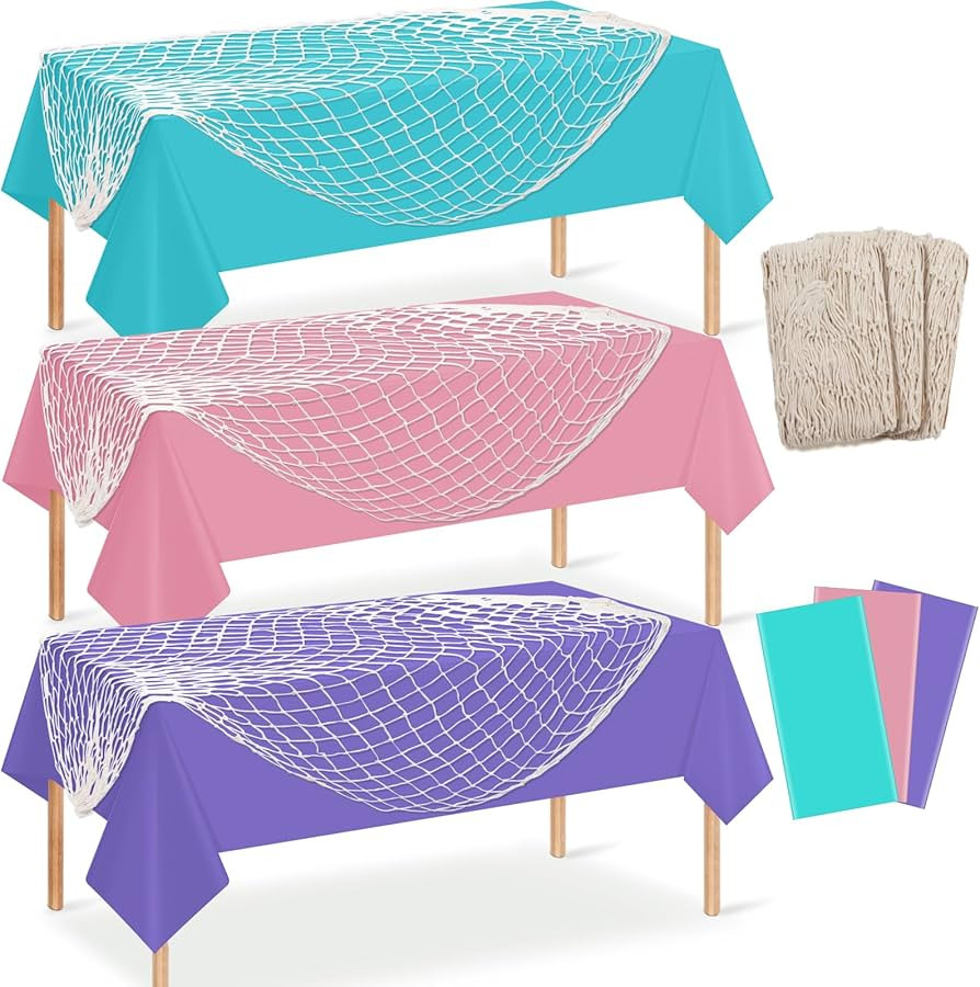 3 Set 6 Pcs Fish Net and Tablecloth Set,Cotton Fishnet and 3 Color Disposable Plastic Table Cover... | Amazon (US)