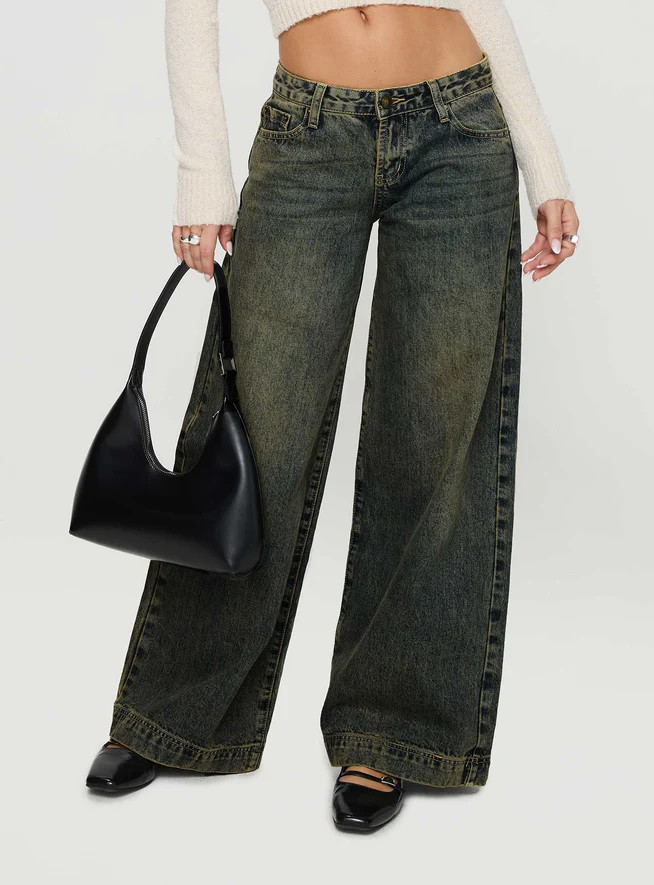Ribbon Stamp Wide Leg Jeans Antique Wash | Princess Polly US