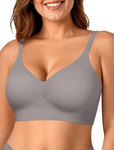 OEAK Womens Comfortable Bra Push Up Bras Wireless Support Lift Brassiere V Neck Full Coverage Everyday Seamless Tshirt Bras Grey 3XL | Amazon (US)