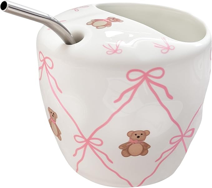 Cute Coffee Mug with Straw, 11oz Cute Bow with Bear Animals Ceramic Mugs, Kawaii Water Cup for Te... | Amazon (US)