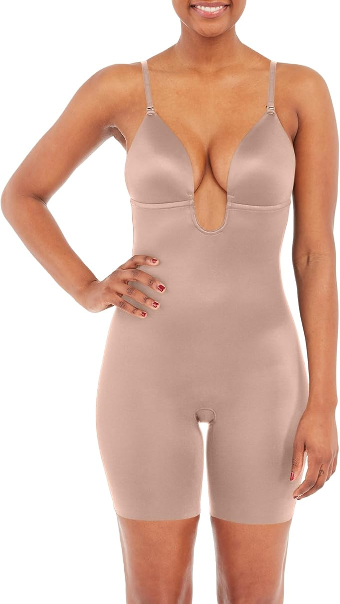 SPANXshape Suit Your Fancy Plunge Low-Back Mid-Thigh Bodysuit - Comfortable One Piece - Medium Co... | Amazon (US)