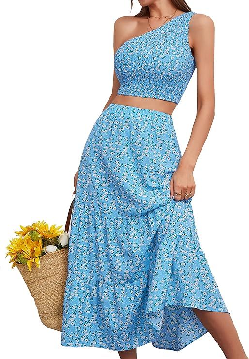 AOVDE Women's Two Piece Outfits Summer Dresses Boho One Shoulder Tube Tops Elastic Waist A Line M... | Amazon (US)