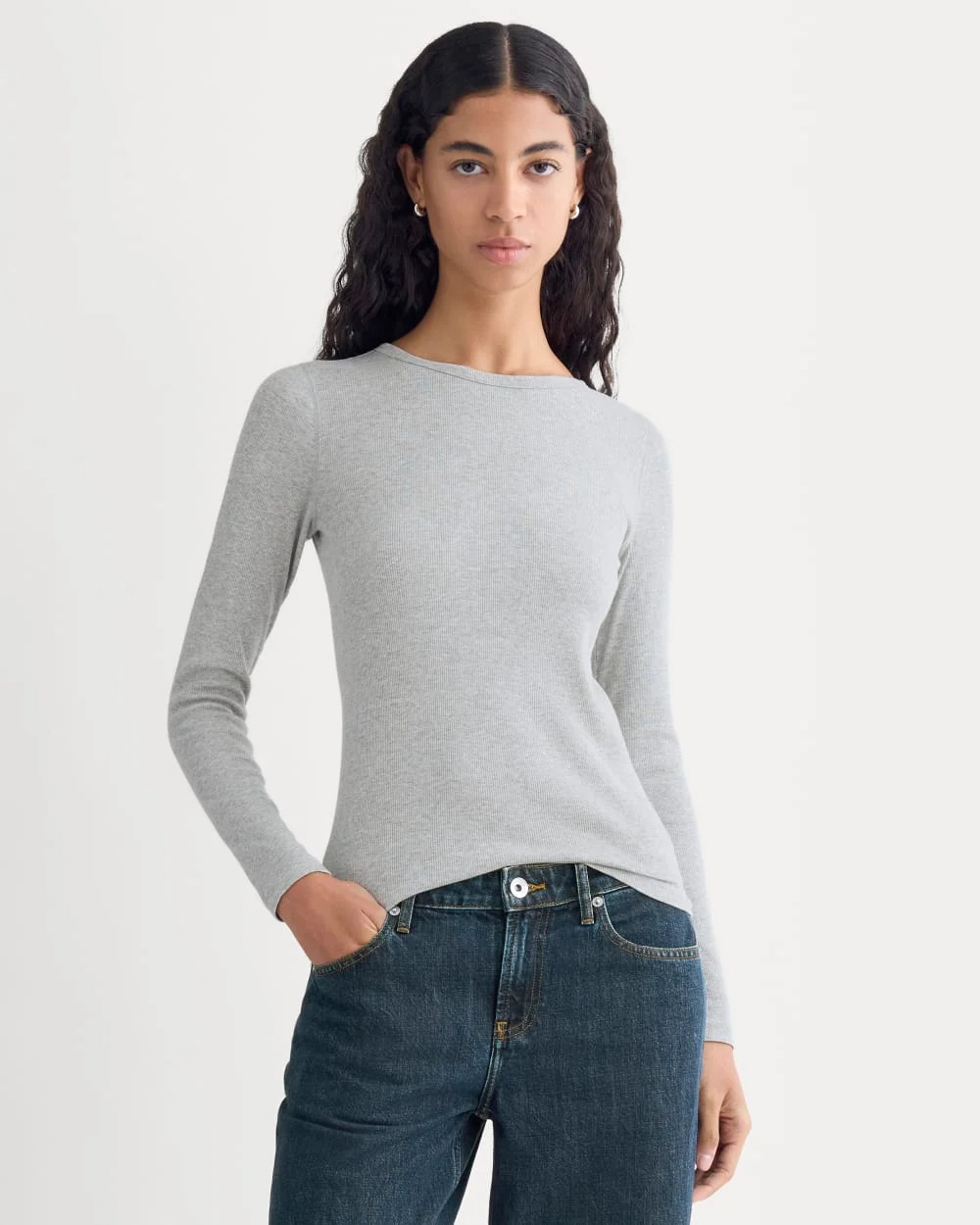 Everlane Luxe Rib Long-Sleeve Crew Tee | Classic Heather Grey | XL | Cotton/Elastane | Everlane