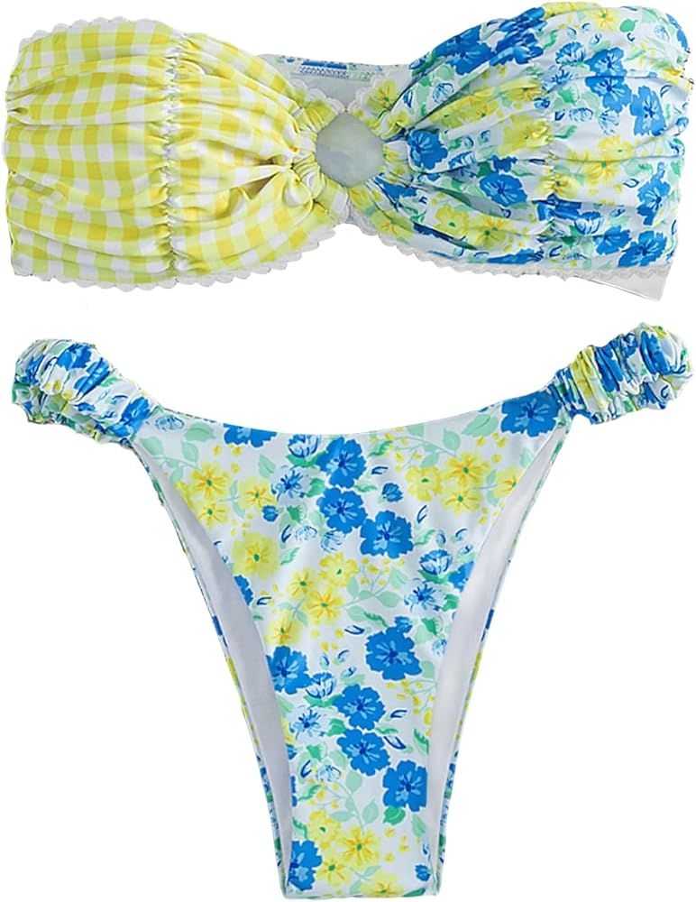 SHENHE Women's Floral Print O Ring Bandeau Bikini Bathing Suit 2 Piece Swimsuits | Amazon (US)