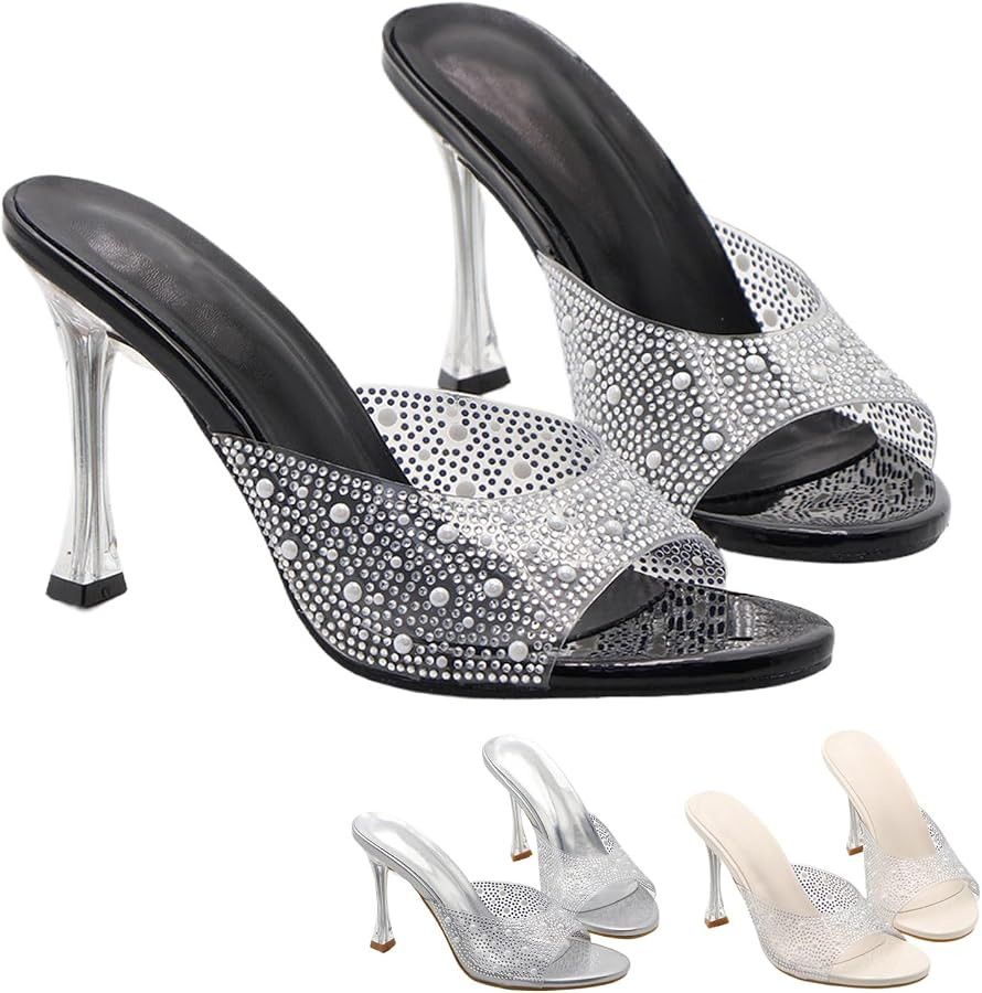 Women's Rhinestone Comfortable Slip On Stilettos Heel Sandals Fashion Sexy Slingback Backless Rou... | Amazon (US)