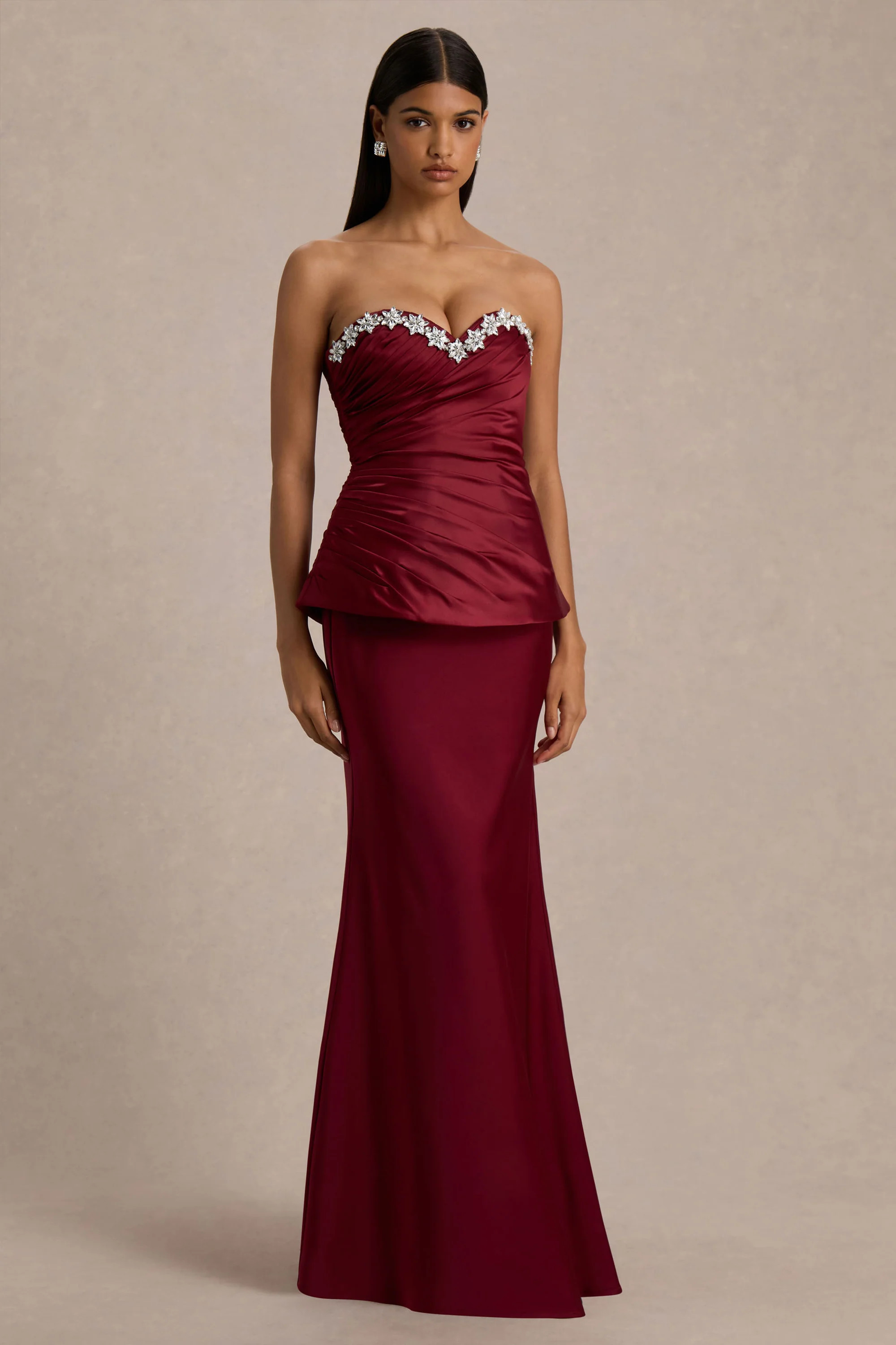 Milia | Burgundy Satin Hand-Embellished Strapless Corset Maxi Dress | Club L London