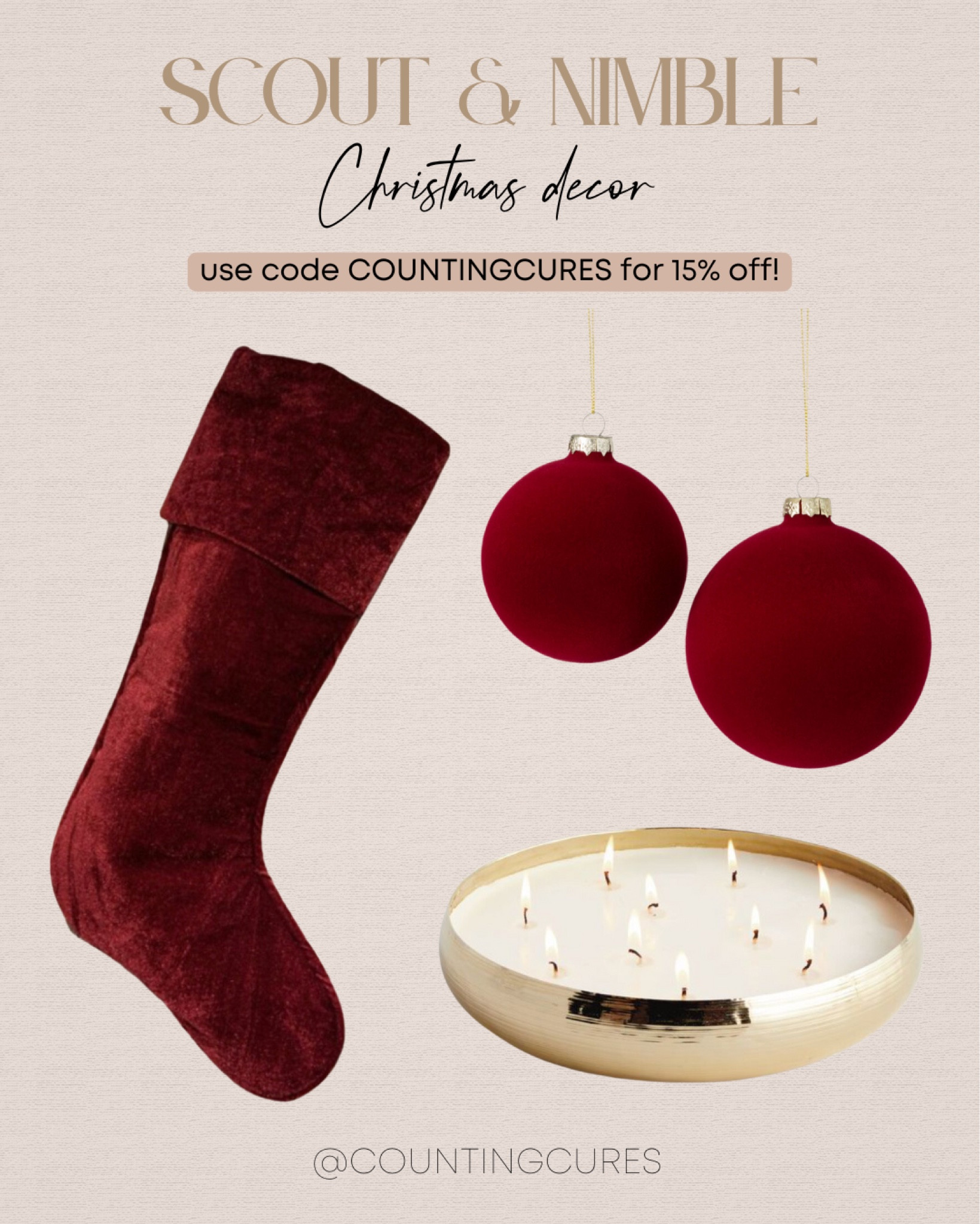 Velvet dreams and festive cheer! Countdown to the days till Christmas and start decorating your home with these hanging socks, Christmas balls, and candle. Use code: COUNTINGCURES for 15% off at Scout & Nimble!
#transitionaldecor #interiordesign #holidayseason #entrywayfinds

#LTKSaleAlert #LTKHome #LTKStyleTip