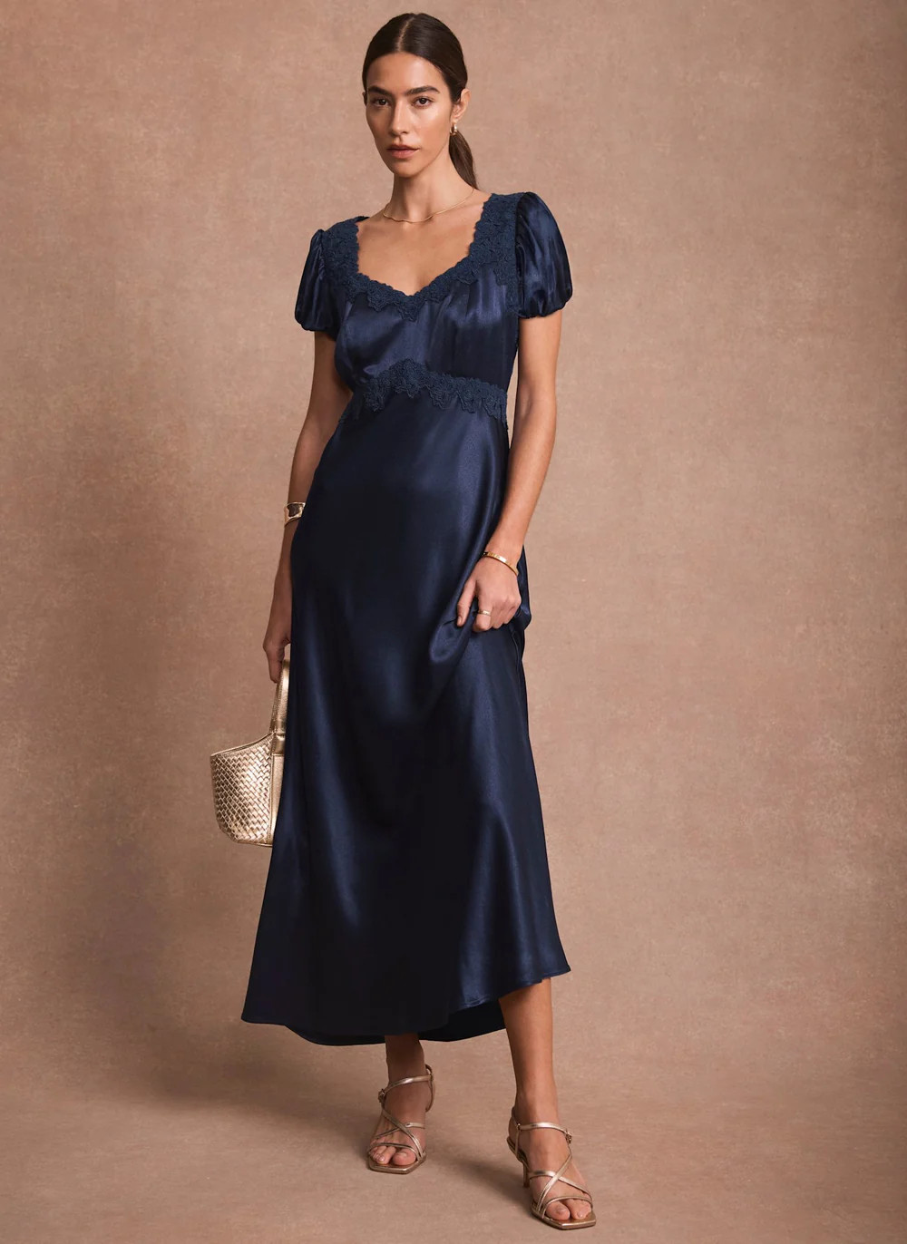 Navy Lace Detail Satin Midi Dress | Mint Velvet