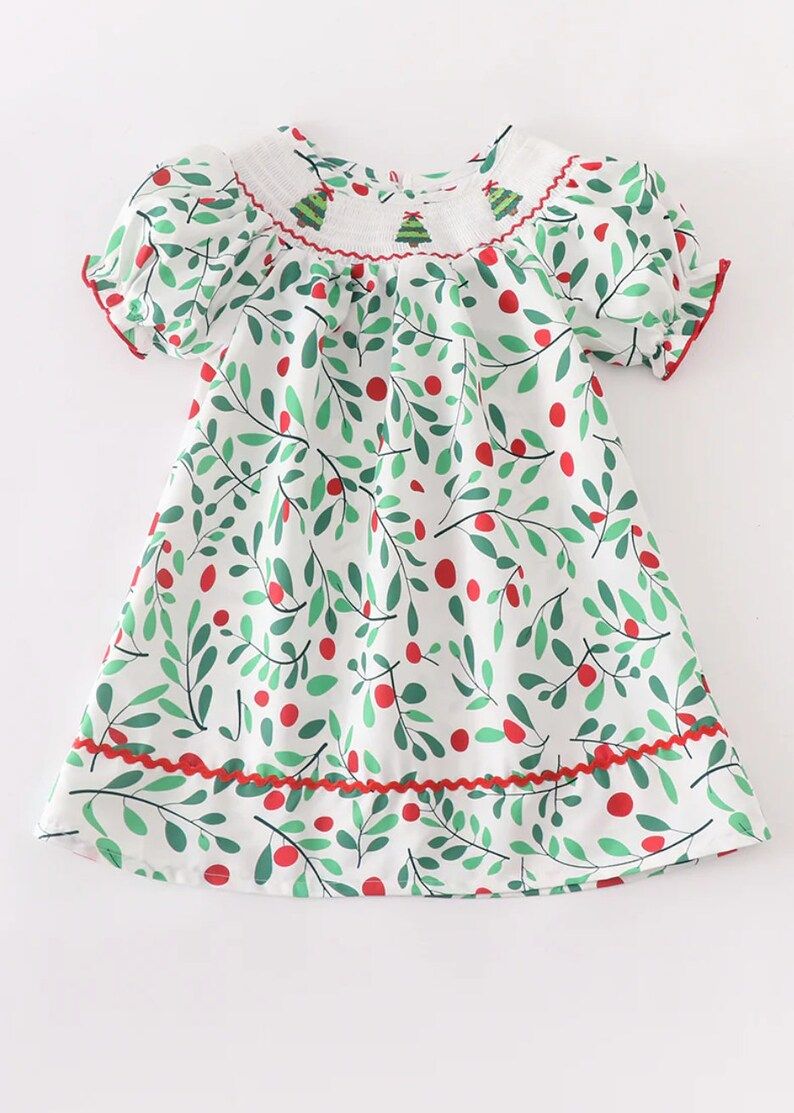 Green Christmas Tree Print Smocked Dress | Etsy (US)