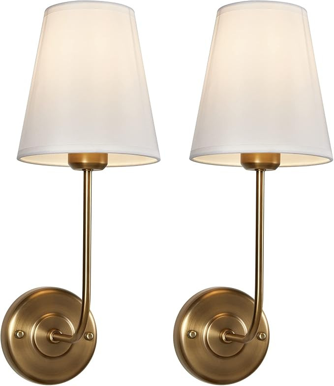 Terleenart Fabric Wall Scone with Flared Shape White Textile Shade Curved Arm and Antique Brass F... | Amazon (US)