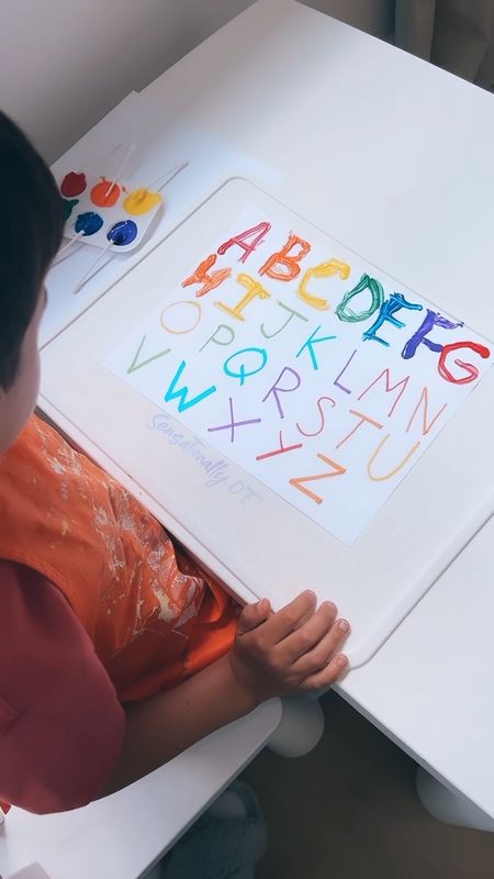 Alphabet Painting ♥️ 

This activity is great for kids who are working on letter recognition, letter sounds, and/or forming letter shapes.  It's a fun way to practice that will keep them super interested for much longer that just reciting them.  If your kids aren't ready to practice these specific skills, you can do shapes or pre-writing strokes instead (horizonal/vertical/diagonal lines, circle, cross, x, triangle, rectangle).  

Save this and share this activity with a mom who needs it! 

Comment the word Alphabet to get the direct links to the products I used for this activity. 🔗

#sensationallyot #easykidsactivities #letterrecognition #toddleractivity #momhack #kidstry