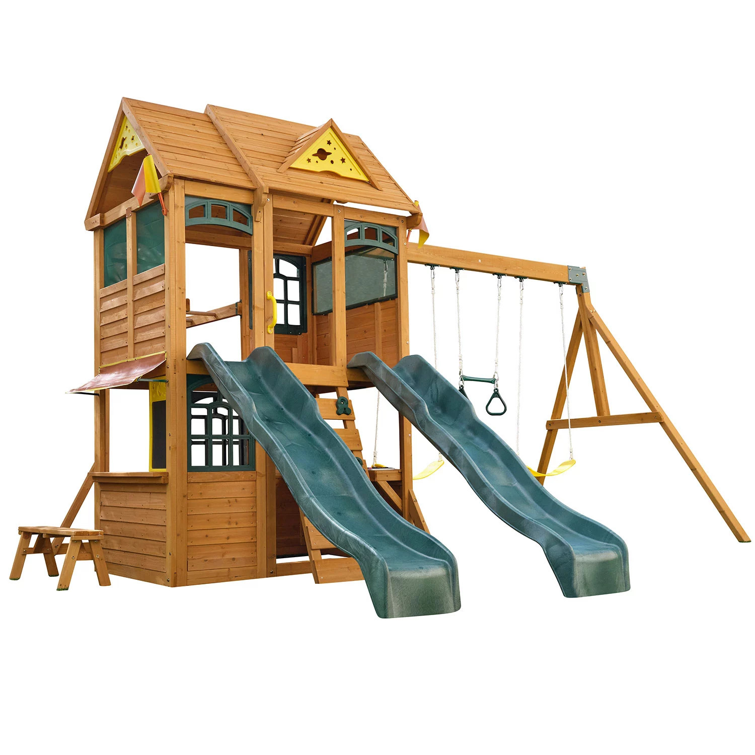 Overland Heights Wooden Swing Set with Two Slides, Monkey Bar and 3 Swings | Sam's Club