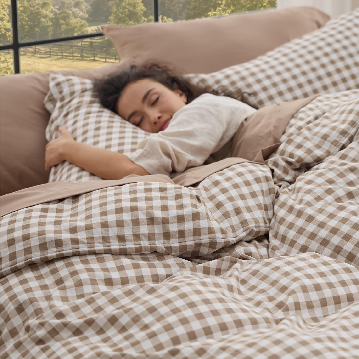 Bedsure Brown Gingham Comforter Set Queen Size, Soft Fall Bedding 3 pcs | Amazon (US)