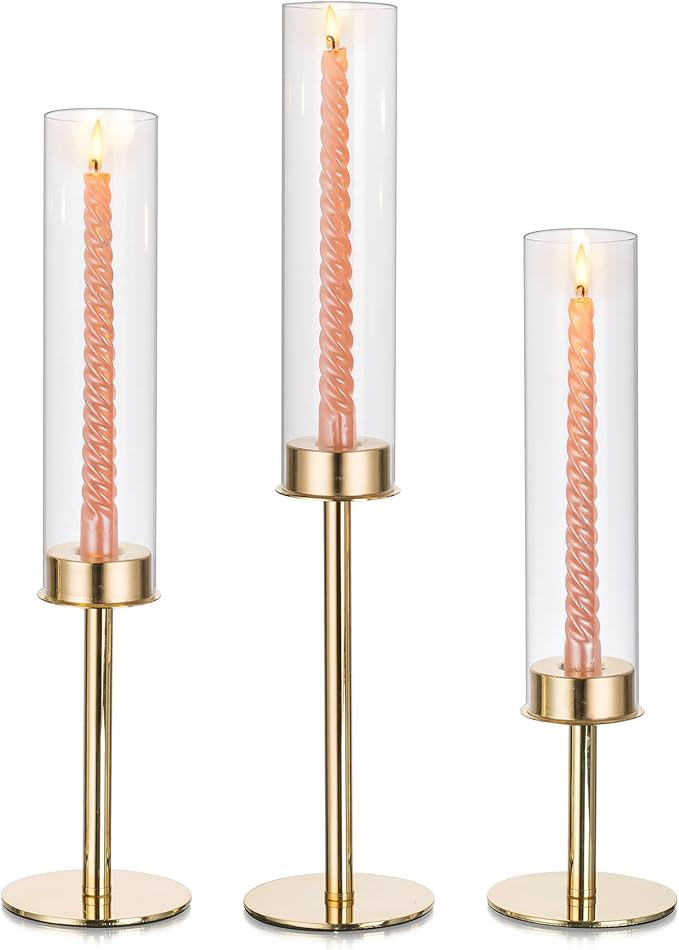Glasseam Hurricane Gold Candlestick Holder: Metal Taper Candle Holders with Glass Cylinder Shade ... | Amazon (US)