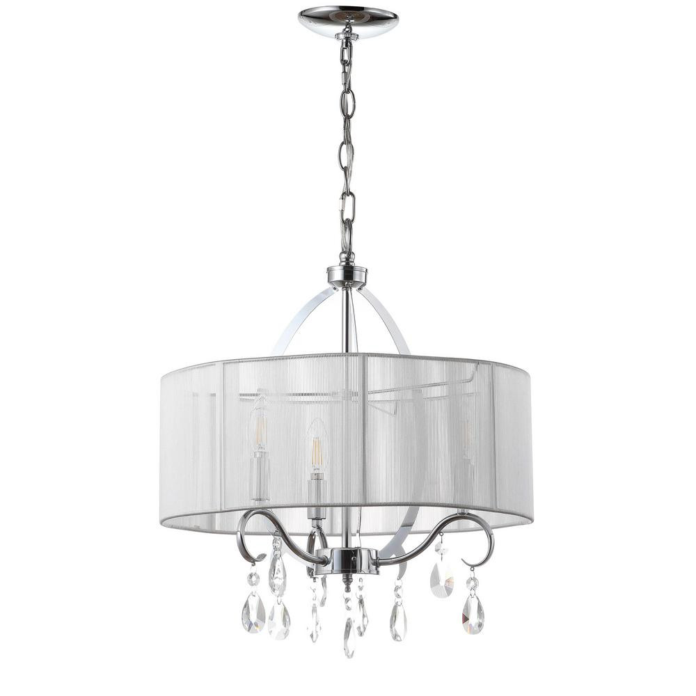 Safavieh New Vienna 3-Light Chrome Drum Chandelier with White Chiffon Shade-LIT4236B - The Home D... | The Home Depot
