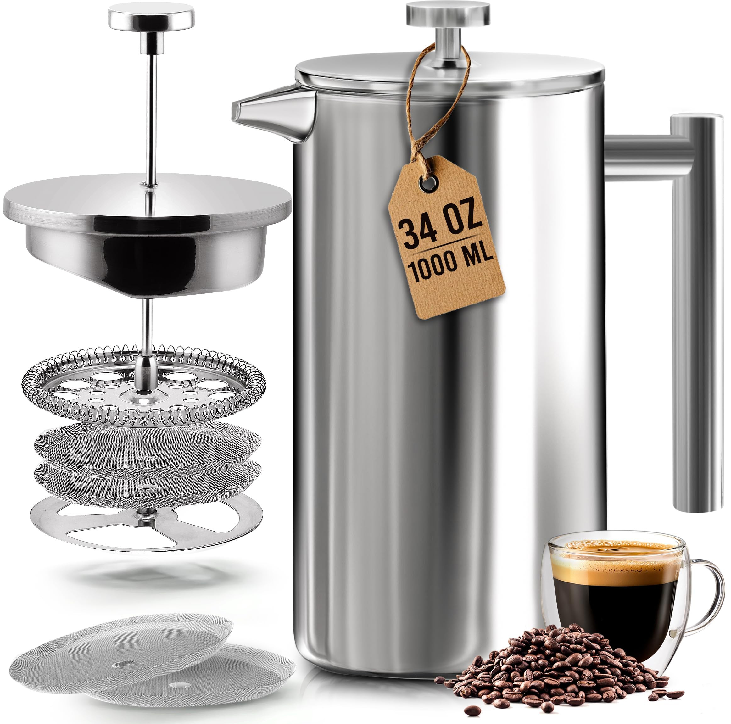 Utopia Kitchen 304 Grade Stainless Steel French Press Coffee Maker 34 oz, Double Wall Insulated C... | Amazon (US)