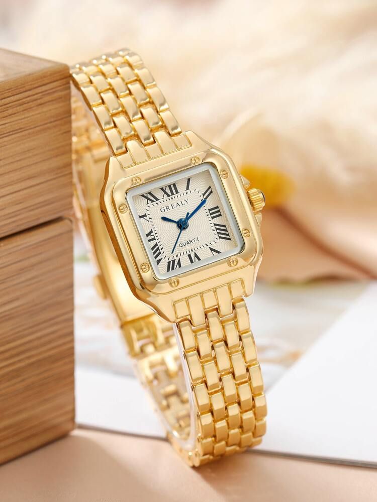 1pc Women Gold Zinc Alloy Strap Elegant Square Dial Quartz Watch & 1pc Adjuster, For Daily Decora... | SHEIN