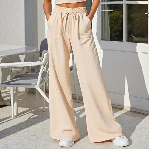 Women's Wide Leg Lounge Palazzo Pants with Elastic Drawstring Waist High Waist Side Pockets Loose Casual Trousers Khaki L | Amazon (US)