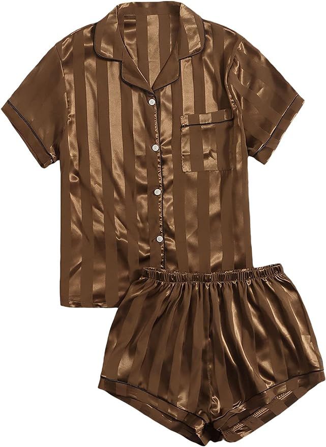 SweatyRocks Women's Short Sleeve Sleepwear Button Down Satin 2 Piece Pajama Set | Amazon (US)