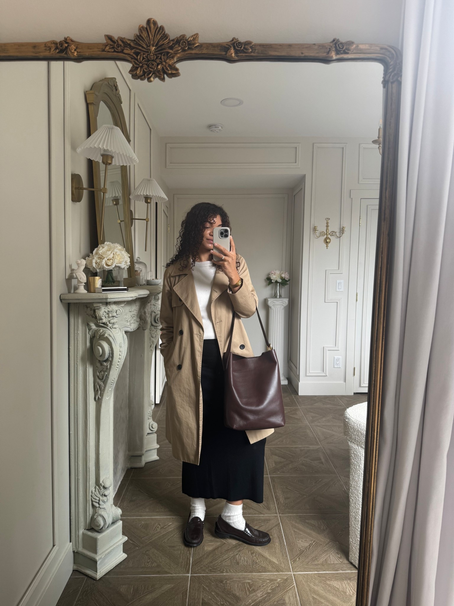 Sweater midi skirt, loafers, cashmere sweater, trench coat, bucket bag 

#LTKootd