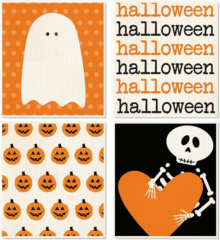 Whaline 4 Packs Halloween Swedish Dishcloths Cute Ghost Pumpkin Skeleton Kitchen Towels Reusable ... | Amazon (US)