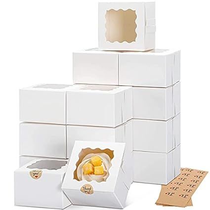 Moretoes 50pcs 4x4x2.5 Inches White Bakery Boxes with Window, Cookie Boxes, Mini Cake Boxes, Dess... | Amazon (US)