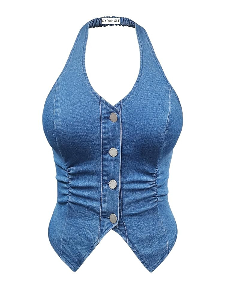 OYOANGLE Women's Plus Size Button Front Halter Denim Vest Tops Sleeveless Slit Hem Ruched Jean Ta... | Amazon (US)