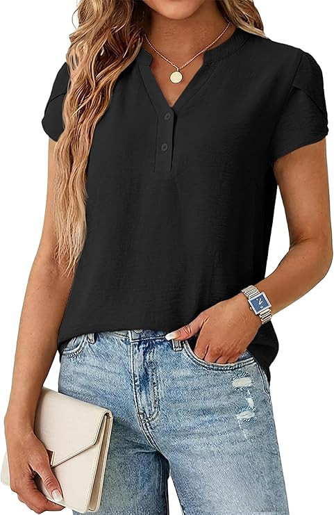 Lepunuo Womens Dressy Casual Henley Tops Summer V Neck Business Work Shirts Cap Sleeve Blouses Va... | Amazon (US)