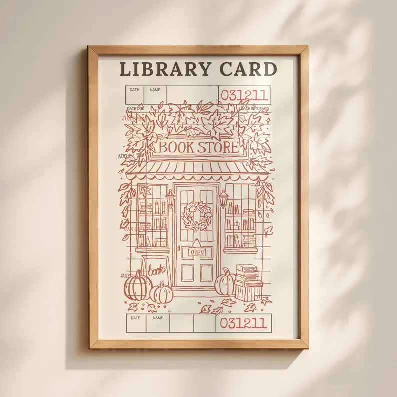 Fall Bookstore Art Print - Vintage Library Card Poster - Cozy Reading Nook Decor | Etsy (Global)