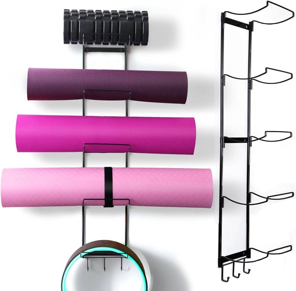 5-Tiers Yoga Mat Holder Wall Mount, Metal Storage Rack for Yoga Mat/Wheels, Foam Roller and Block... | Amazon (US)