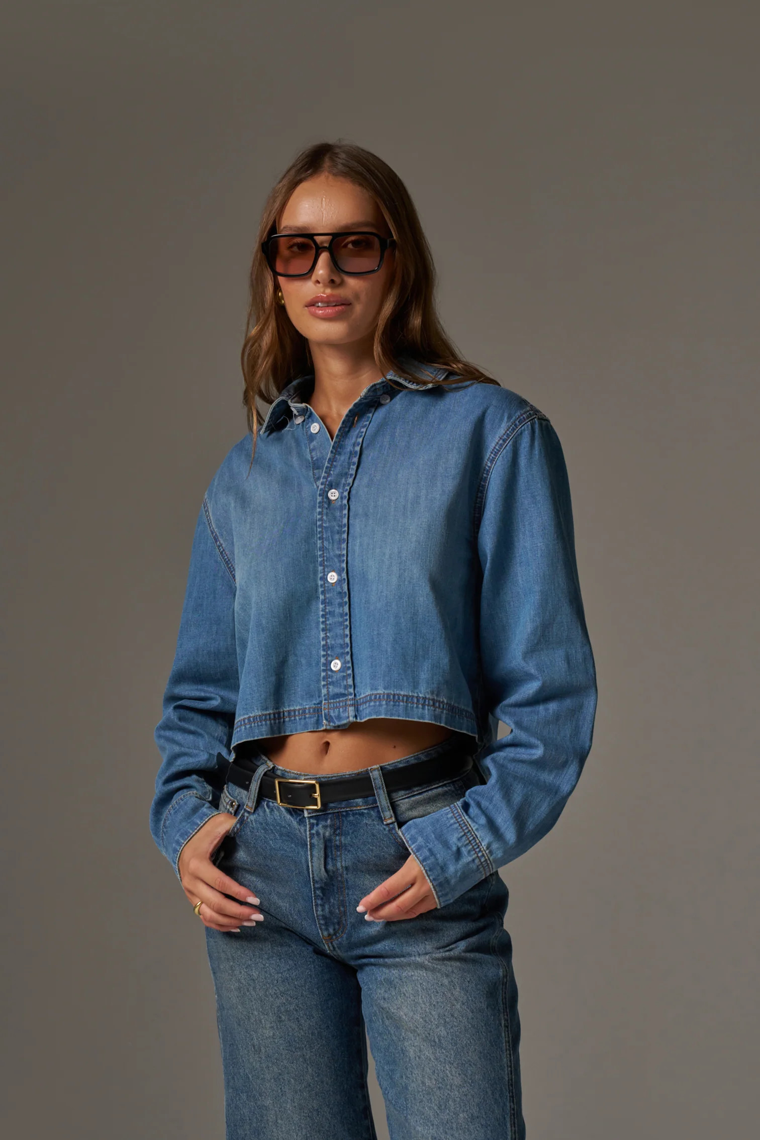 RELAXED LONG SLEEVE DENIM SHIRT - MID BLUE WASH | The Couture Club