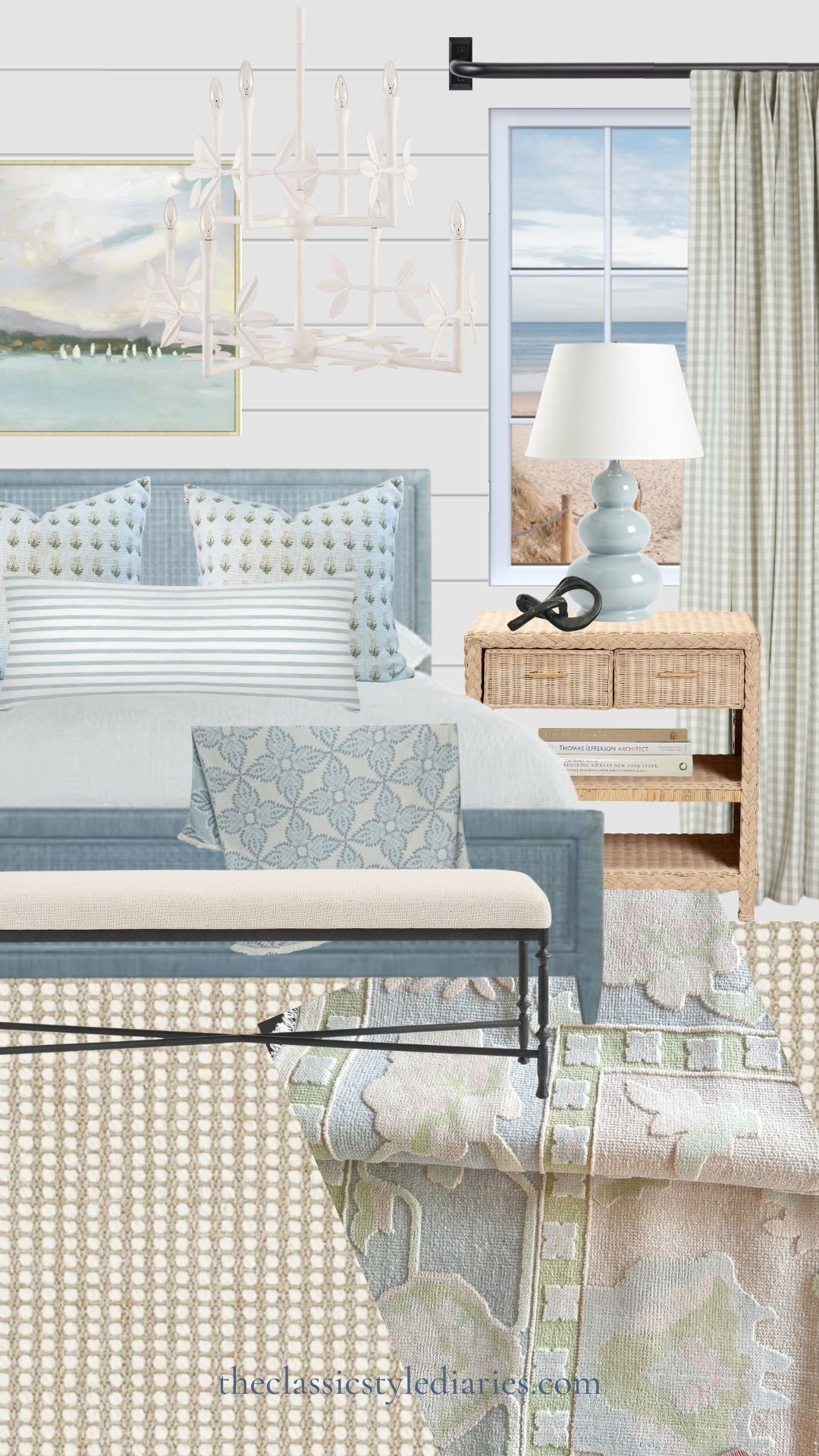 Coastal bedroom with black metal accents 🌊

Blue bed, blue lamp, rattan table, white chandelier, black metal bench, window treatments, pepper home, oushak rug, euro pillows 

#LTKSaleAlert #LTKStyleTip #LTKHome