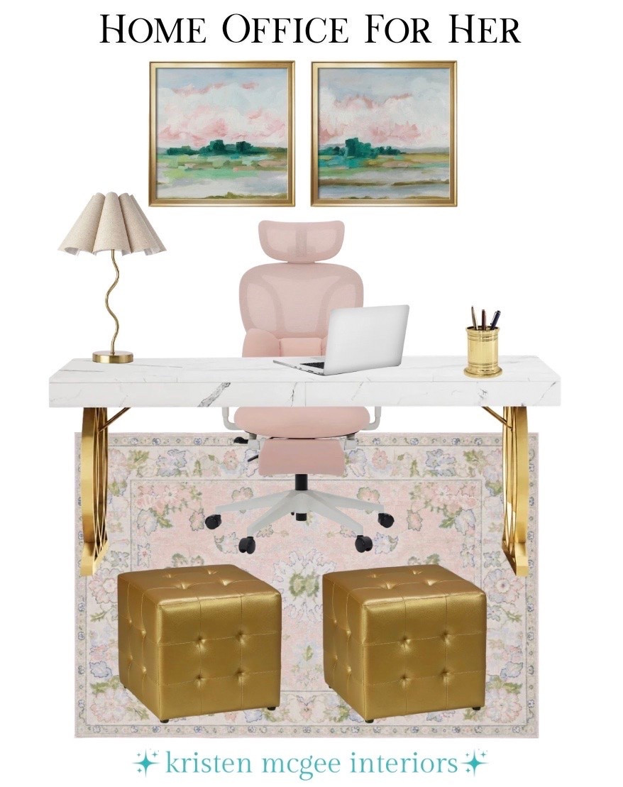 Pretty, polished, and productivity approved! Blush accents, gold details, feminine artwork, and a statement marble desk make this office feel equal parts functional and beautiful!🤩🩷✨ #LTKhome #LTKcreator #LTKdiml