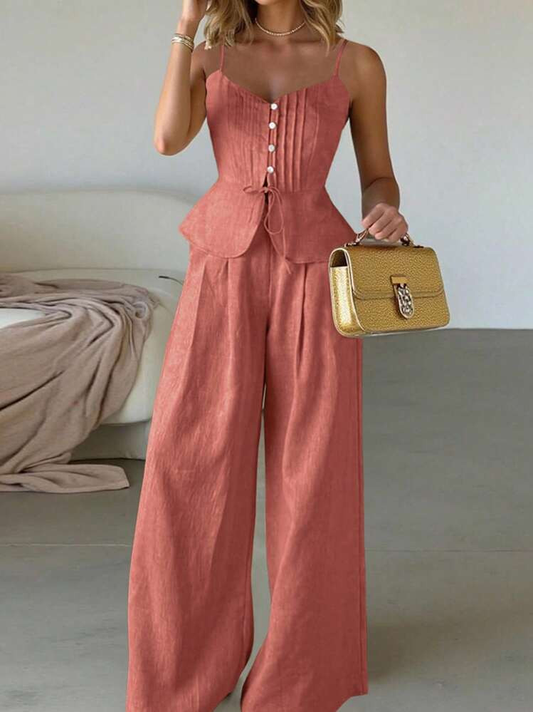 EMERY ROSE 2pcs/Set Women Linen Sleeveless Buttoned Top And Wide Leg Pants | SHEIN