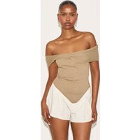 Taupe Rib Knit Twist Bardot Button Through Top | PrettyLittleThing US