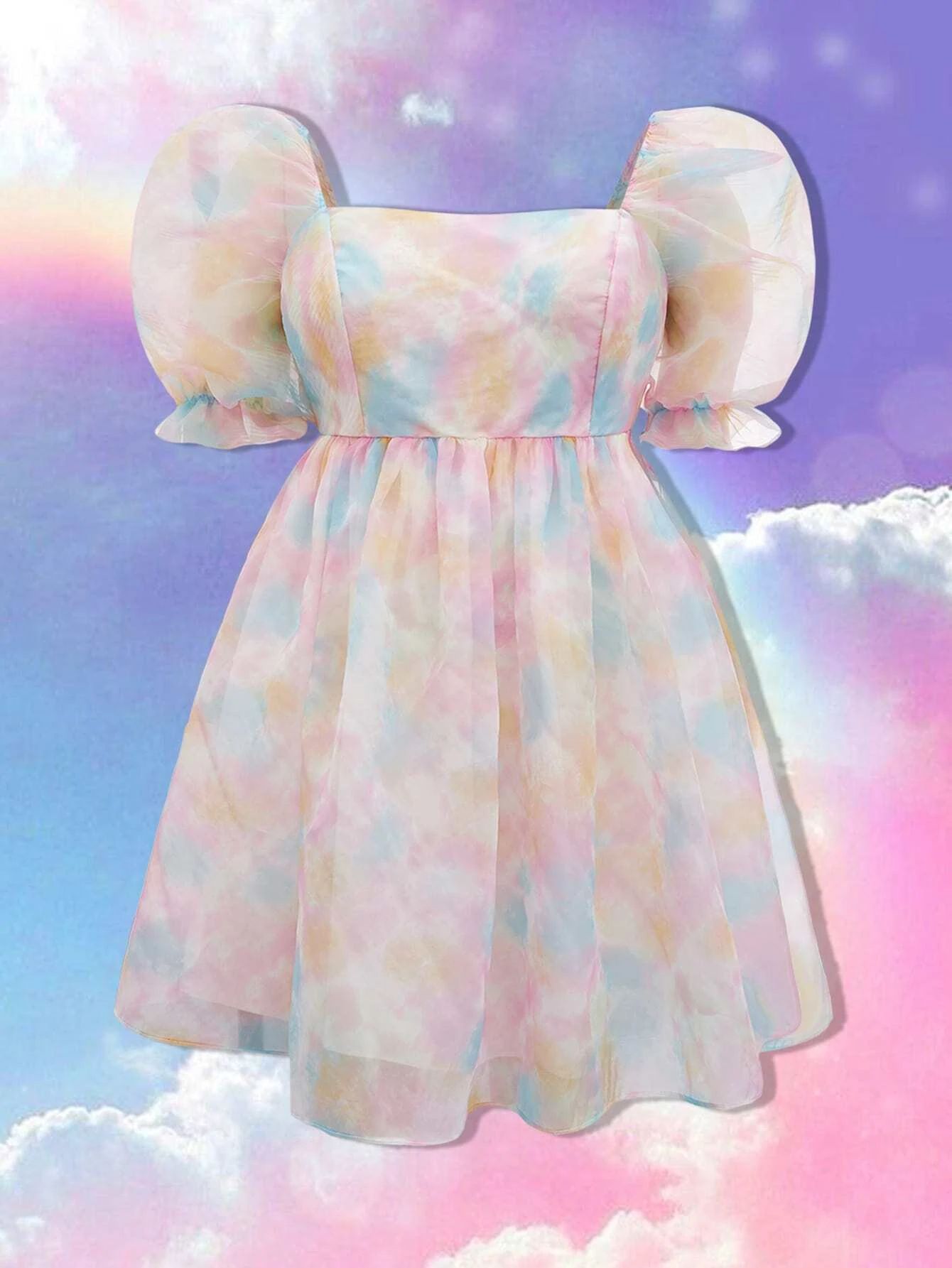 SHEIN MOD Plus Tie Dye Puff Sleeve Organza Dress | SHEIN