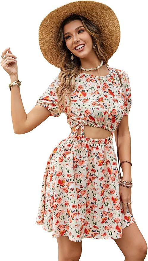 Verdusa Women's Boho Floral Print Cut Out Puff Short Sleeve A Line Mini Dress | Amazon (US)