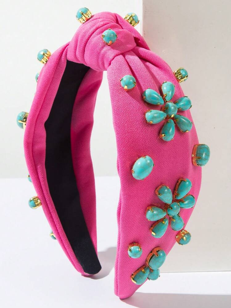 1 stuk effen stoffen geknoopte vintage retro haarband met brede rand en turquoise bloemendecorati... | SHEIN