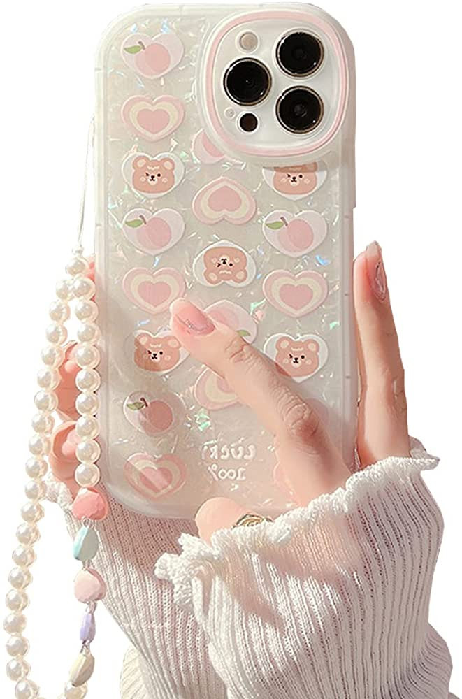 Fycyko Compatible with iPhone 14 Pro Case Cover Cute Women,Bear Love Heart Pattern with Pearl Str... | Amazon (US)